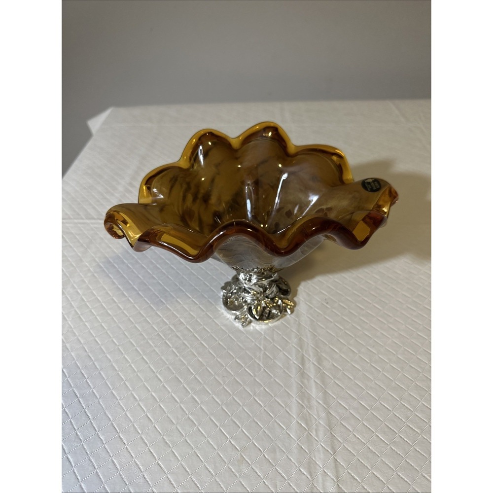 Vtg Cristal Murano Swirl Glass Bowl Amber Ruffled Rim Silver Floral Base Italy